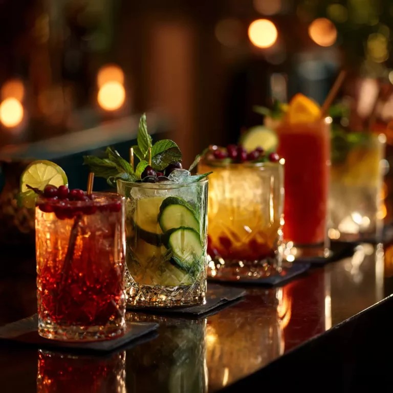 Various vodka cocktails at the bar with matching garnish.