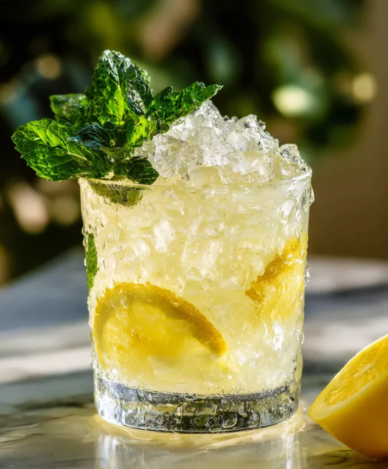 A tumbler glass filled with ice and Lemon Vodka Smash