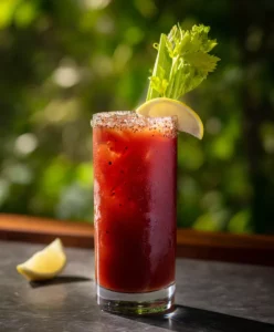 A classic Bloody Mary made from vodka, tomato juice and lemon juice with a celery garnish