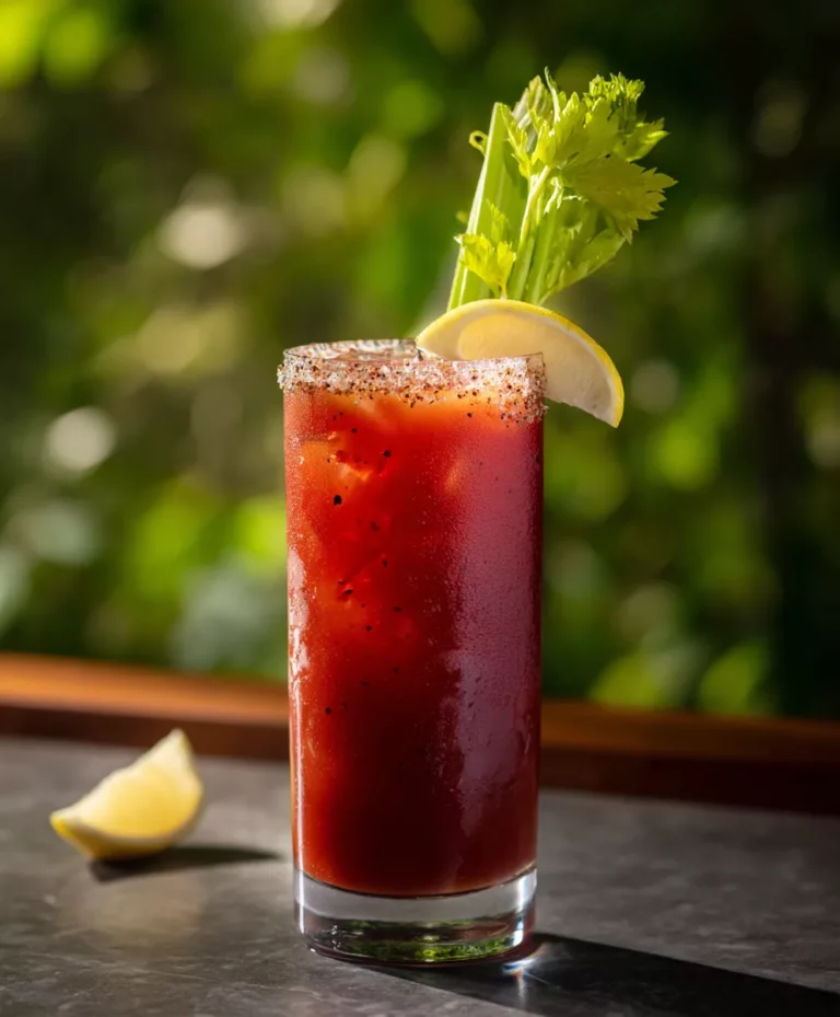 A classic Bloody Mary made from vodka, tomato juice and lemon juice with a celery garnish