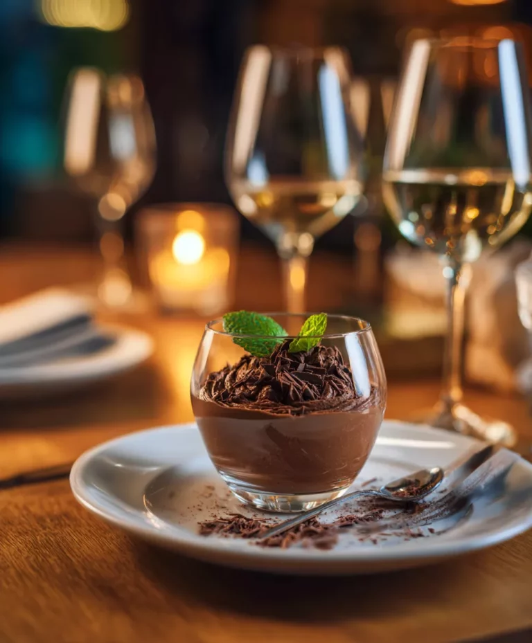 Ein Schoko-Vodka-Mousse in einem runden Glas serviert.