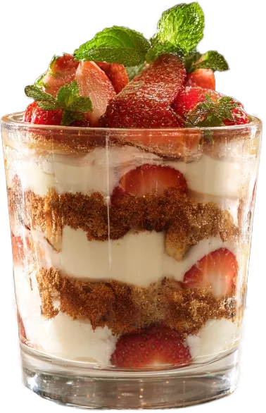 Ein Schichtdessert mit Erdbeeren und Vodka.