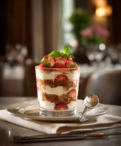 Ein Dessert mit Erdbeeren in einem Glas auf einem Tisch