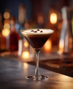 Ein Cocktail aus Vodka, Kaffeelikör und heißem Espresso in einem Martini-Glas an einer Bar.
