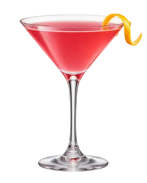 Ein Cosmopolitan Cocktail mit Zitronenschale.