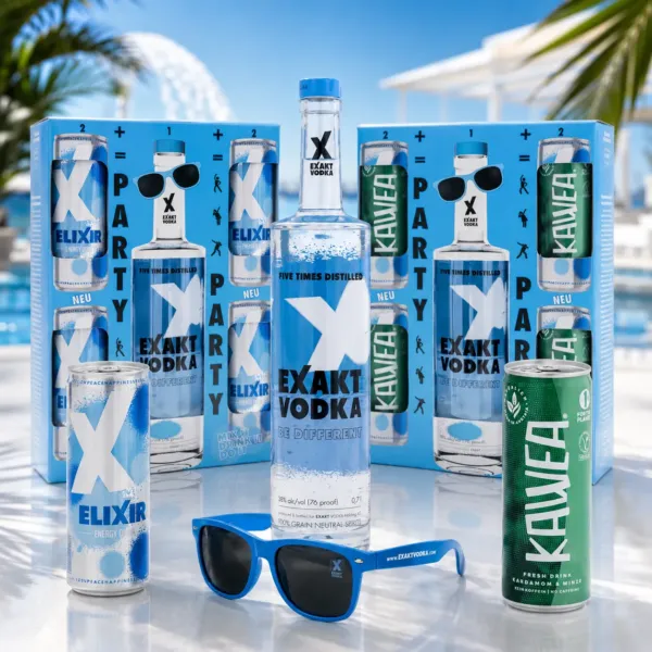 Eine Flasche EXAKT Vodka, eine Sonnenbrille, Elixir oder Kawea - die EXAKT Vodka Partybox in 2 Varianten