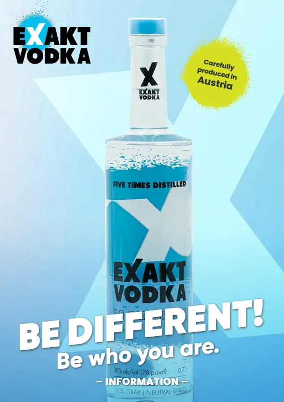 Naslovnica informativne mape EXAKT Vodka prikazuje EXAKT Vodka Basic bocu.