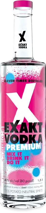 A 1.5-liter bottle of Exakt Vodka in the premium edition.