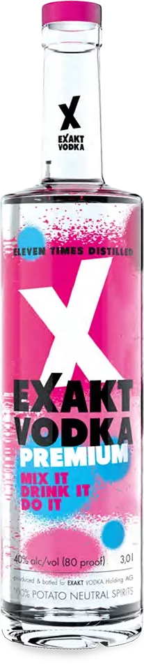 A bottle of Exakt vodka on a white background