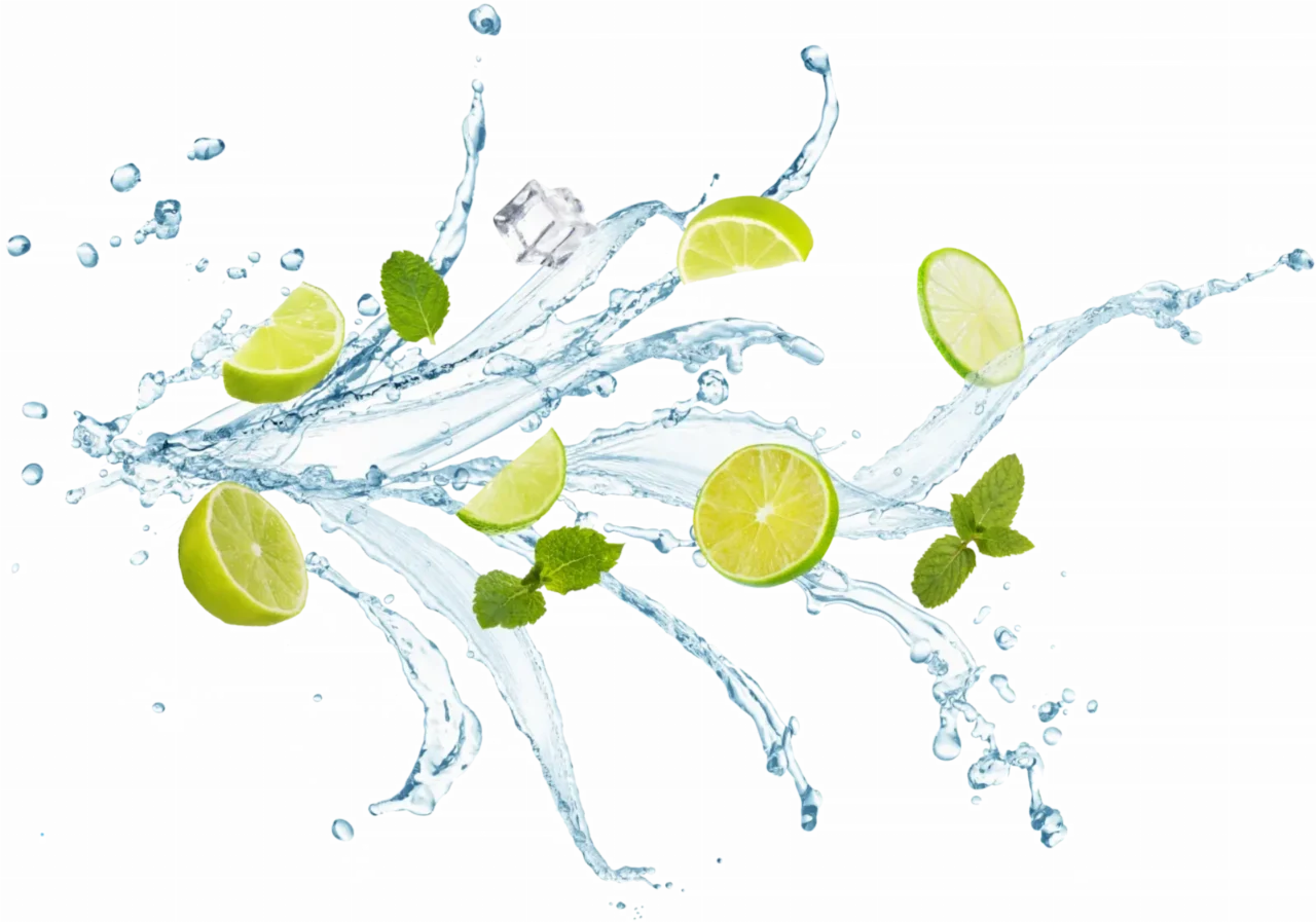 Limes and splashes of water fly through the air.