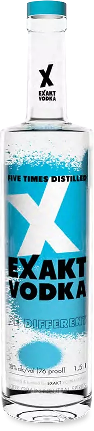 A 1.5 liter bottle of Exakt Vodka in the basic version.