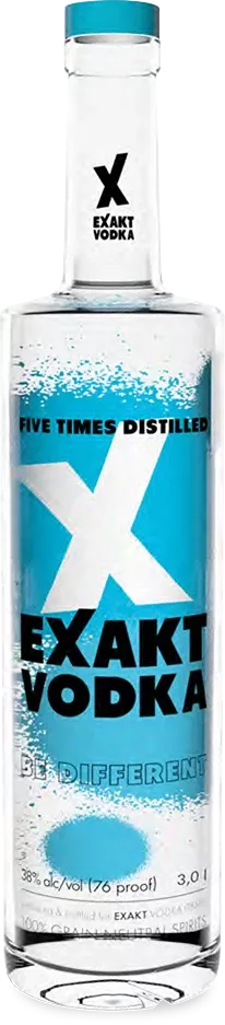 A 3 liter bottle of Exakt Vodka in the basic version.
